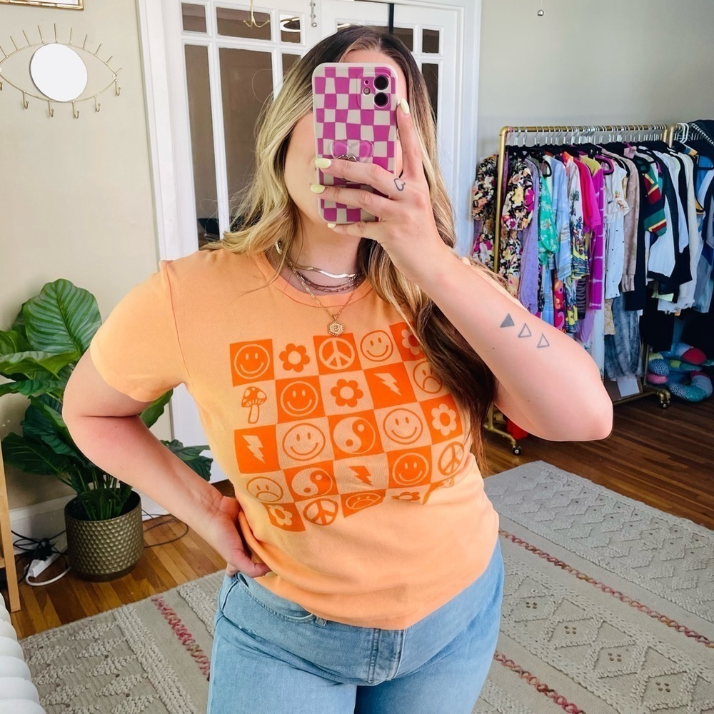 PacSun Orange Checker Symbol Grid Tee